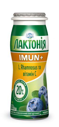 Напій кисломолочний йогуртний з пробіотиком L.Rhamnosus та віт. С Чорниця 1,5% Лактонія Імун+